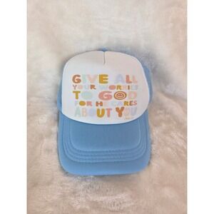 Inspirational Christian Trucker Hat "Give All Your Worries To God" Blue Mesh